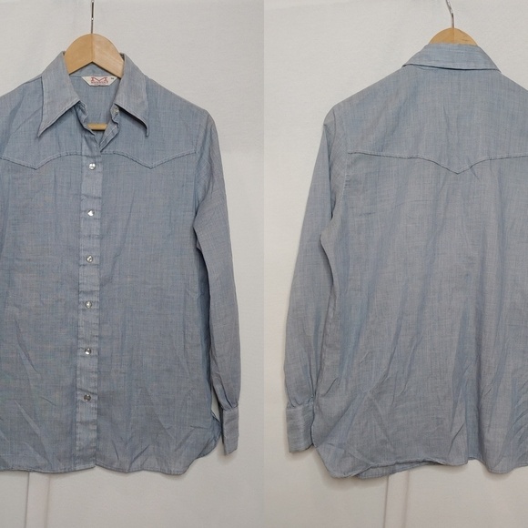 Maverick Vintage Pearl Snap Button Long Sleeve Western Shirt Chambray 36 M USA - Picture 1 of 11